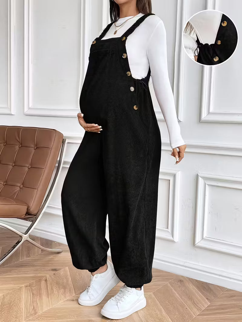 Casual Maternity Corduroy Overalls Jumpsuit with Adjustable Waist