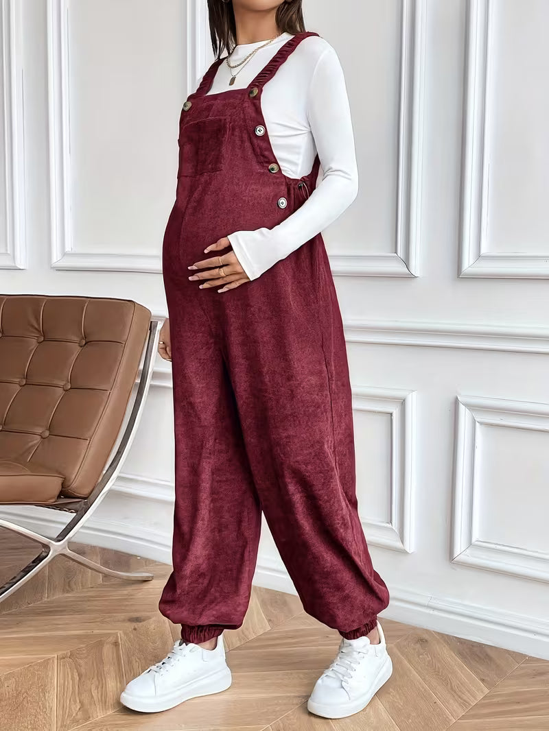 Casual Maternity Corduroy Overalls Jumpsuit with Adjustable Waist