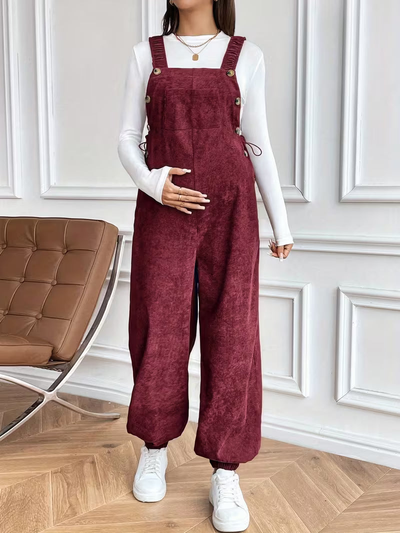 Casual Maternity Corduroy Overalls Jumpsuit with Adjustable Waist