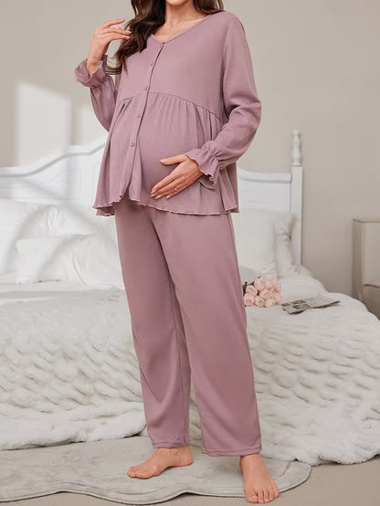 Elegant Solid Color Waffle Pajama Set for Pregnant Women