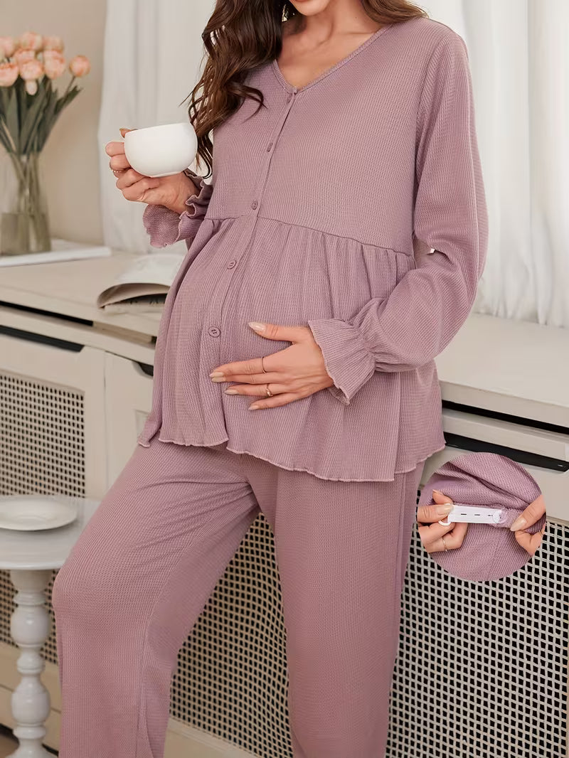 Elegant Solid Color Waffle Pajama Set for Pregnant Women