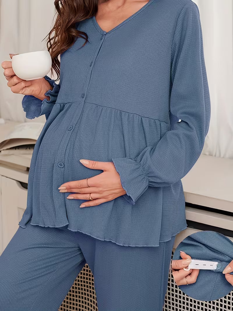 Elegant Solid Color Waffle Pajama Set for Pregnant Women