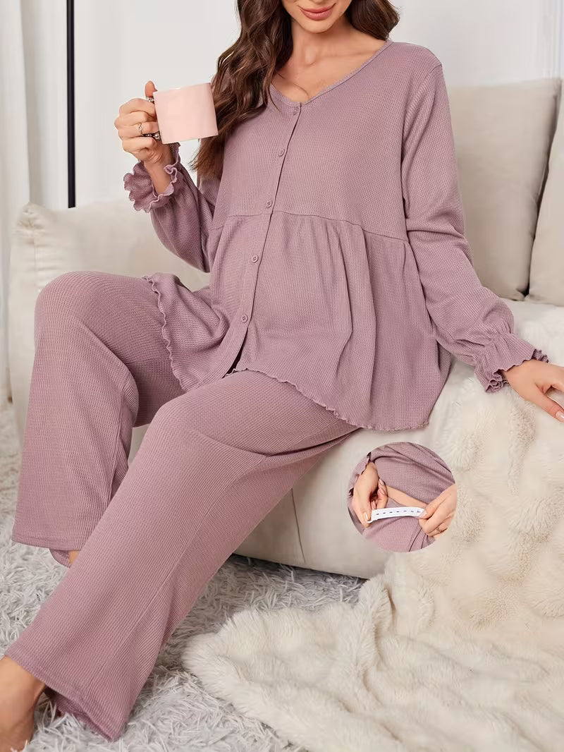 Elegant Solid Color Waffle Pajama Set for Pregnant Women