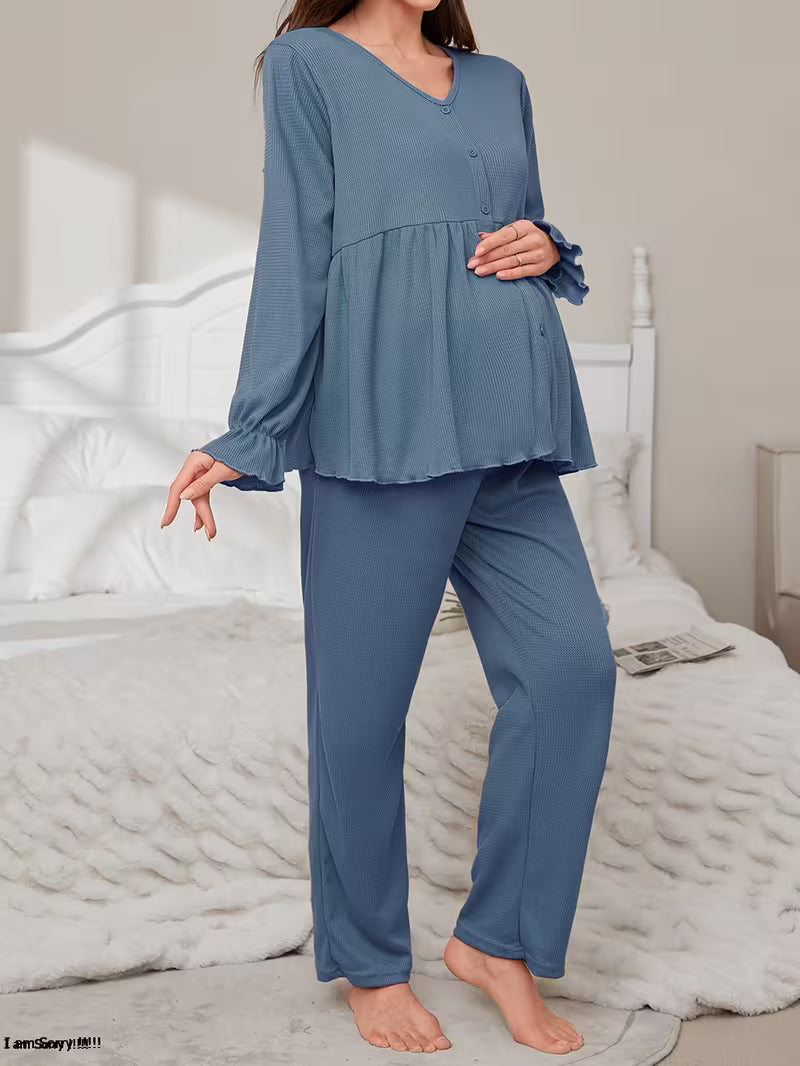 Elegant Solid Color Waffle Pajama Set for Pregnant Women