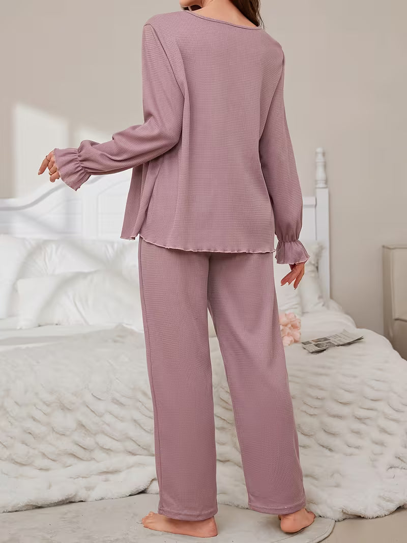 Elegant Solid Color Waffle Pajama Set for Pregnant Women