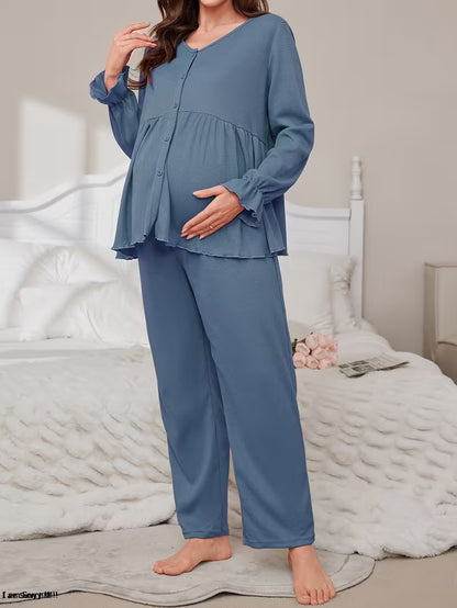 Elegant Solid Color Waffle Pajama Set for Pregnant Women