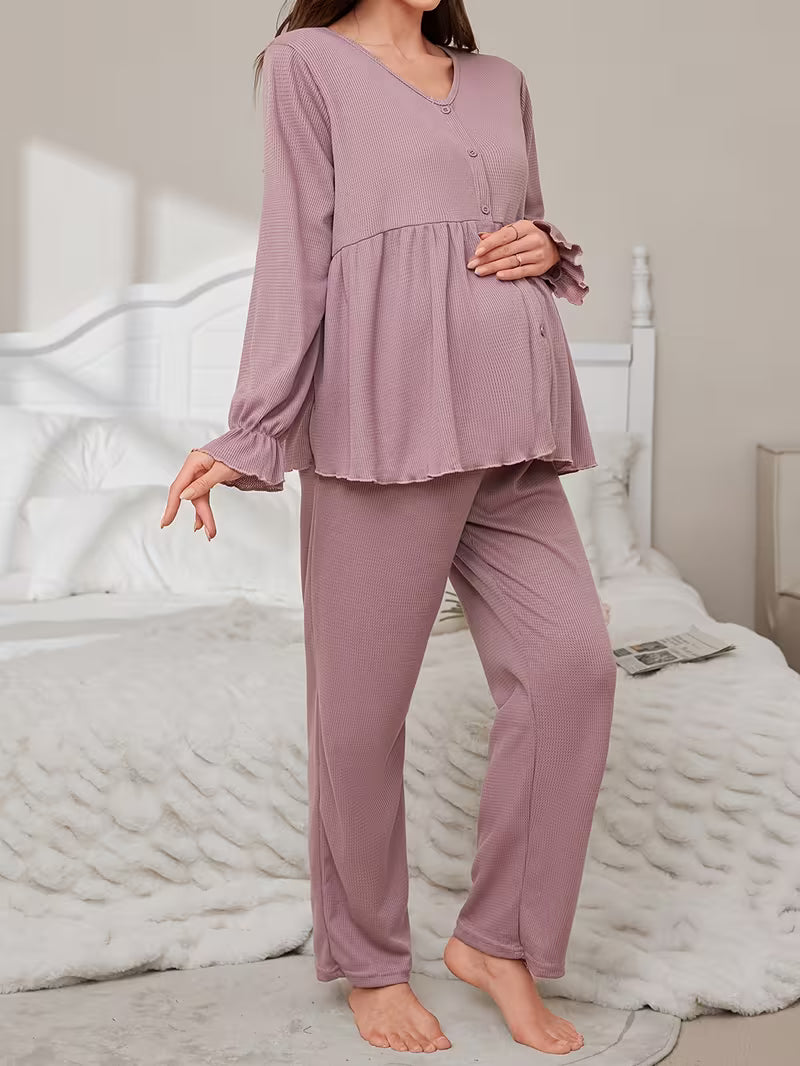 Elegant Solid Color Waffle Pajama Set for Pregnant Women